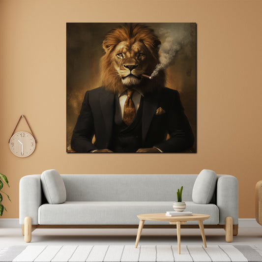 Wandbild stolzer Löwe im Anzug beim Rauchen Erfolg Macht Inspiration