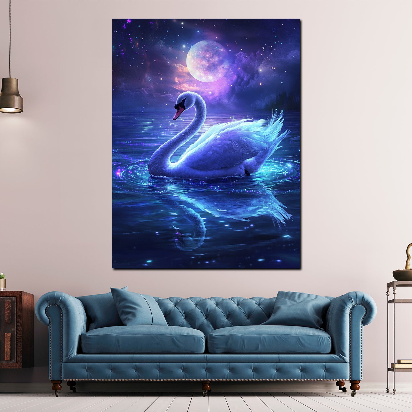 Wandbild verträumter Schwan im Mondlicht Magie Wasser Sterne modern