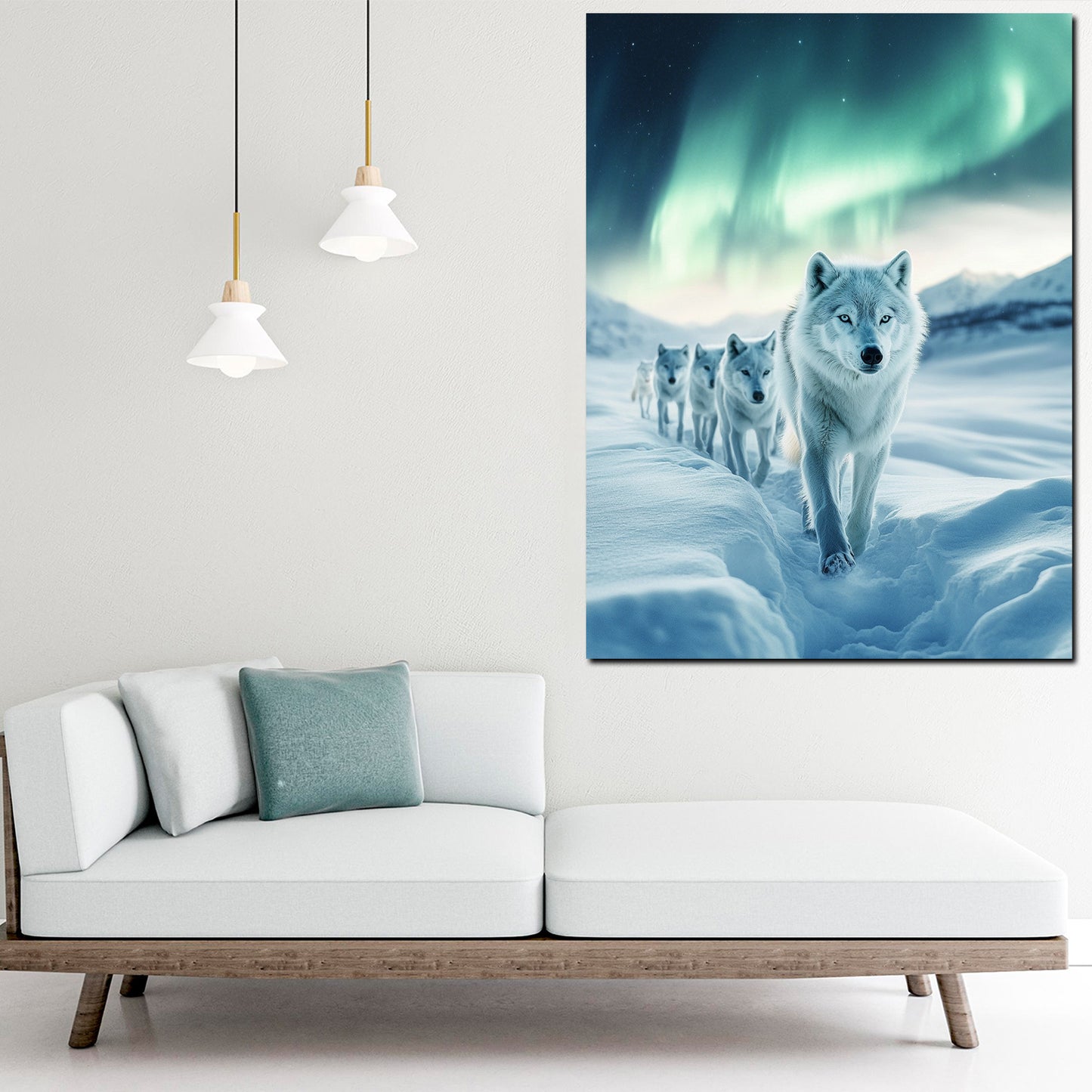Wandbild weiße Wölfe im Schnee Nordlicht Natur Freiheit modern