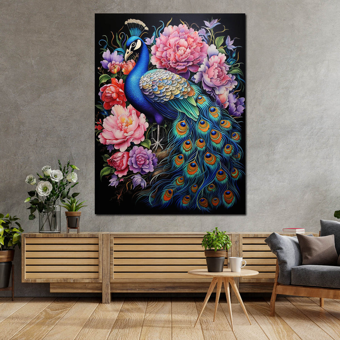 Wandbild wunderschöner Pfau mit Blumen