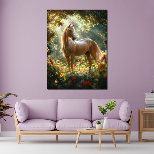 Wandbild wunderschönes Pferd im Blumenfeld Natur Eleganz Sonnenlicht