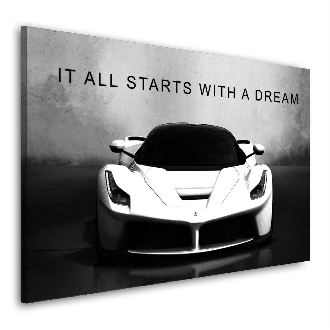 Wandbild Leinwandbild Motivation Sportwagen in weiß &quot;It Starts With A Dream&quot;