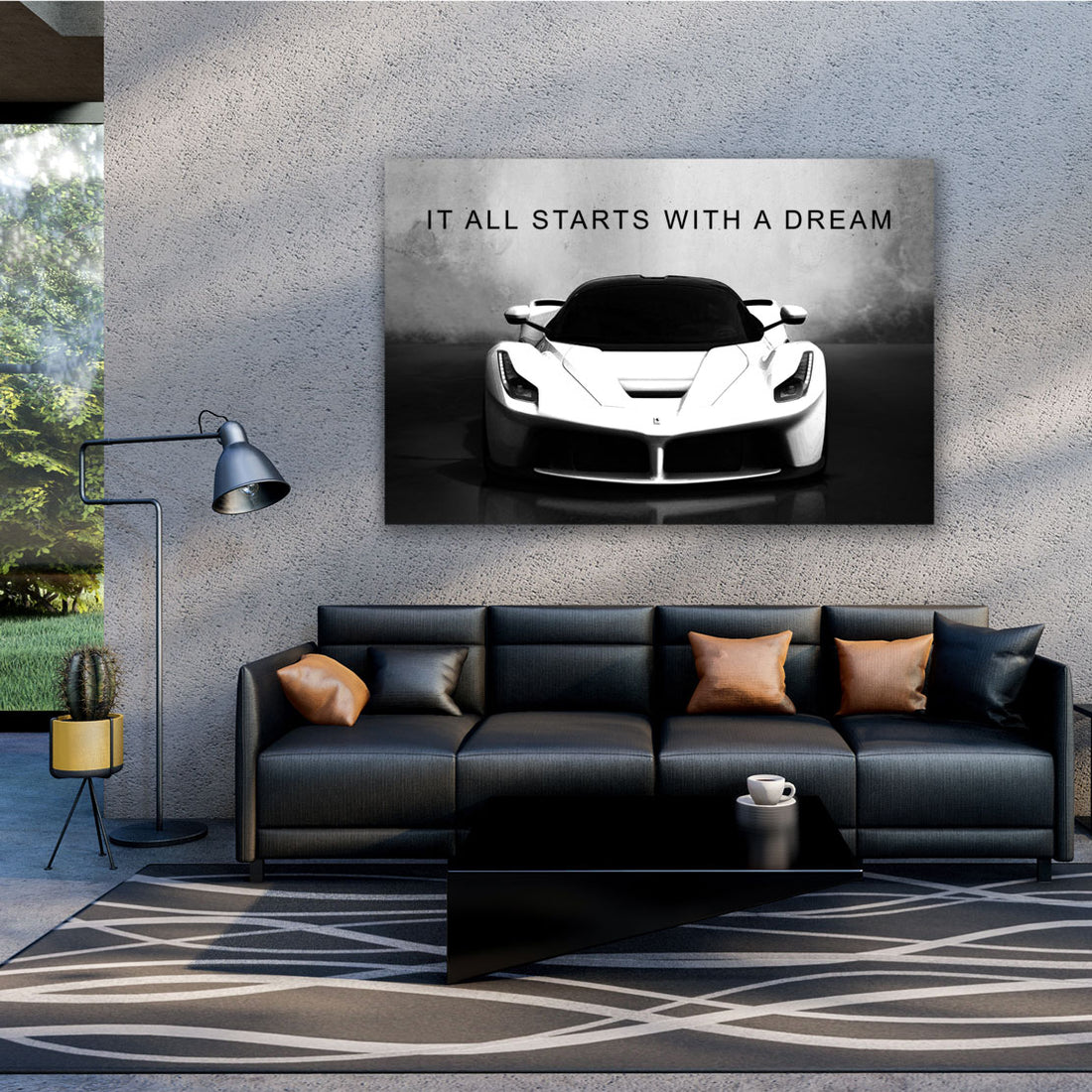Wandbild Leinwandbild Motivation Sportwagen in weiß &quot;It Starts With A Dream&quot;