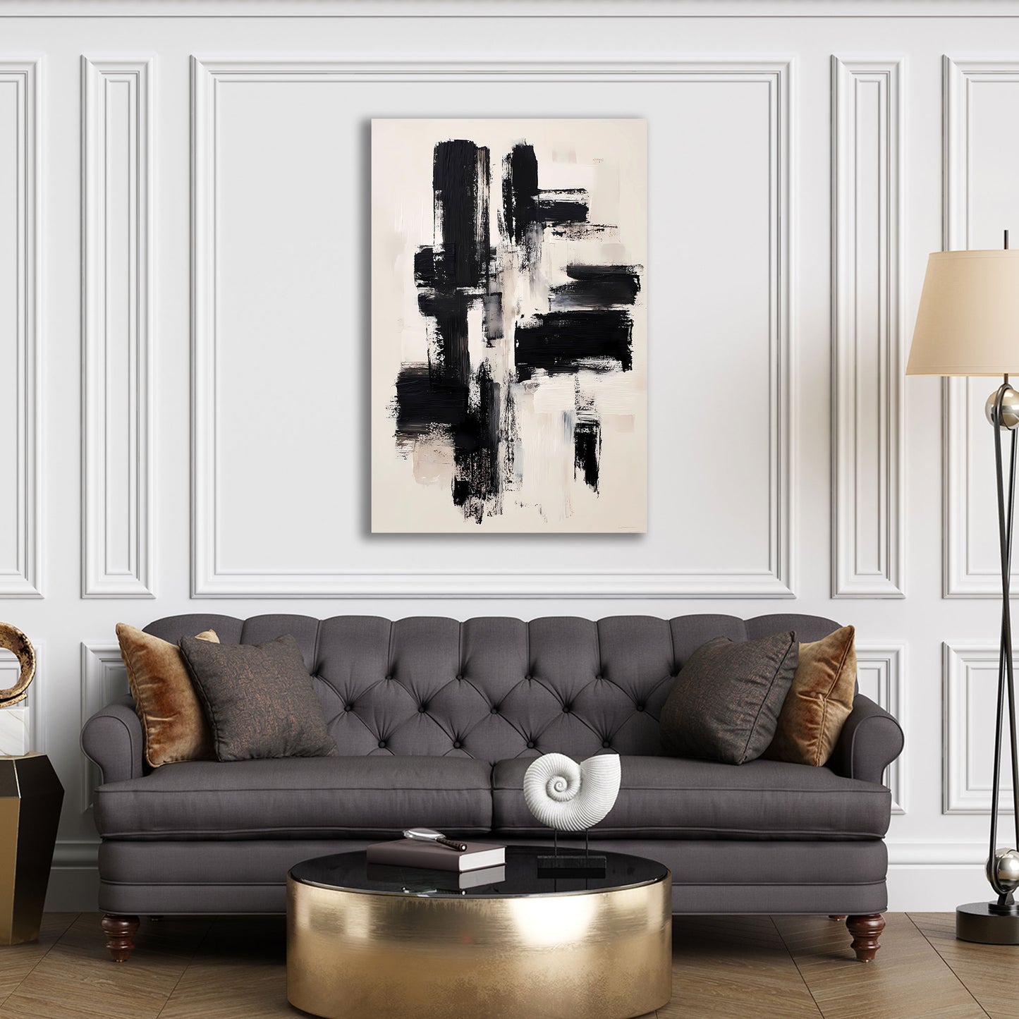 Abstrakt Pinselstriche Schwarz Weiß Beige Wandbild