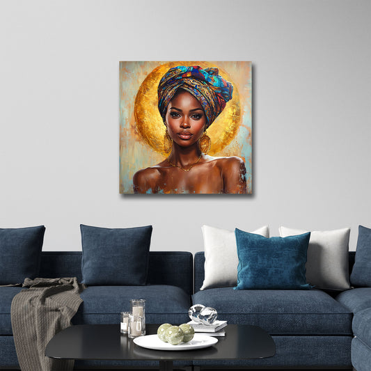 Afrikanische Frau mit Kopftuch und goldener Aura Wandbild