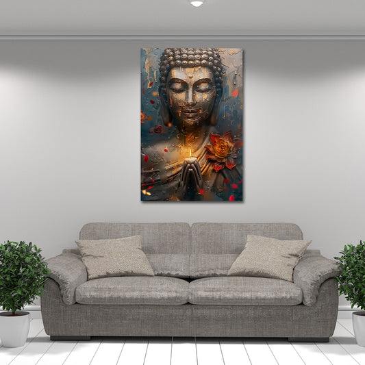 Buddha Meditation Kerze Lotusblume goldene Struktur Wandbild