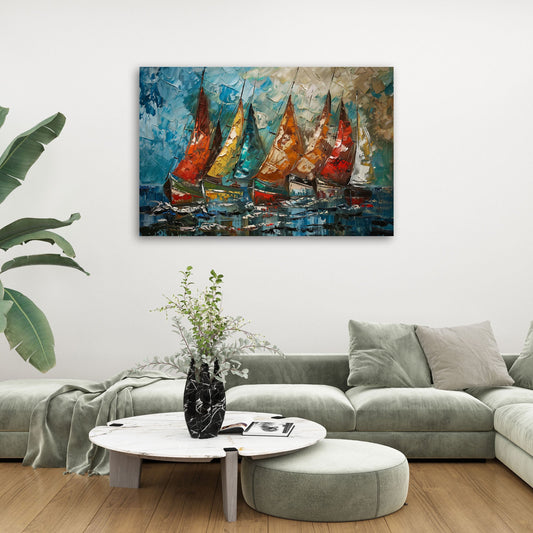 Maritimes Wandbild über einem Sofa im Wohnraum