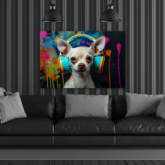Chihuahua mit Kopfhörern bunt in Ölmalerei Wandbild