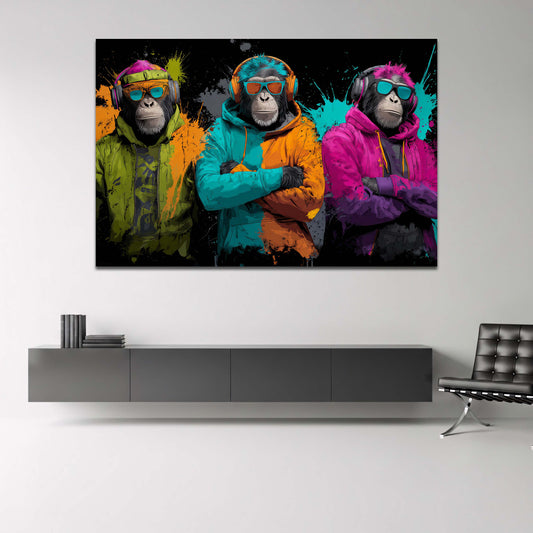 Drei coole Affen mit Kapuzen und Kopfhörern Neon Wandbild
