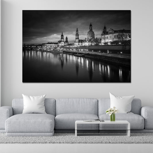Dresdner Altstadt Elbufer Abendstimmung schwarz weiß Wandbild