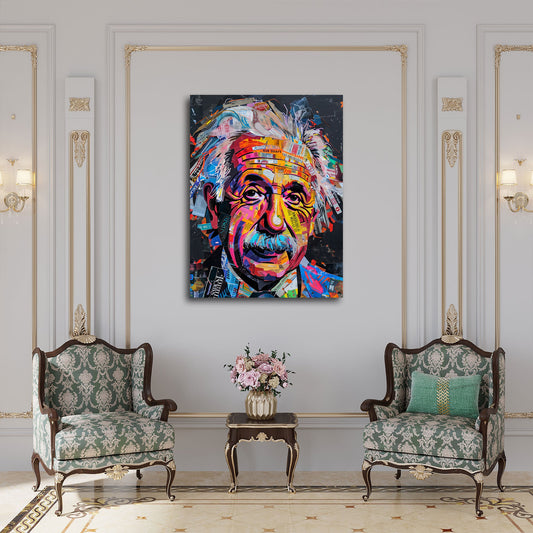 Buntes Porträt Wandbild als Collage über einem Sofa im Wohnraum