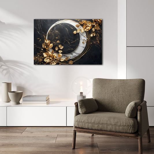 Elegante Marmoroptik mit goldenen Blüten Wandbild