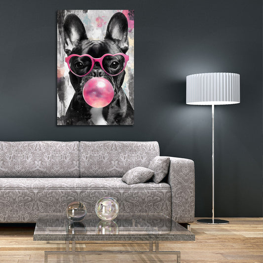 Franzoesische Bulldogge blaest rosa Kaugummiblase Wandbild
