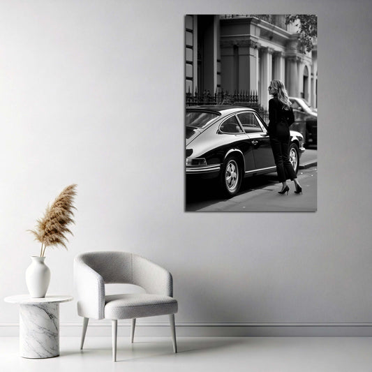 Frau Oldtimer Stadtstil Modeklassiker schwarz weiß Wandbild