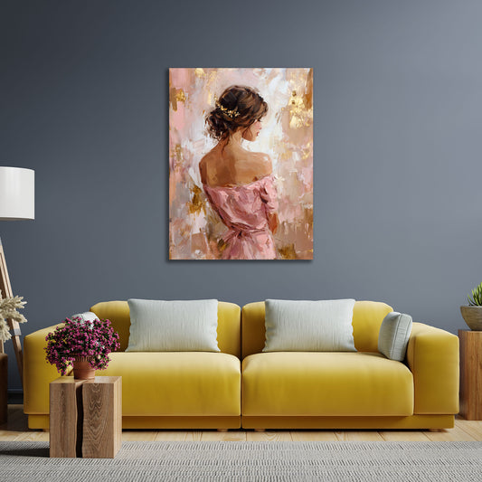 Frau Rückenansicht rosa Abendkleid elegante Kunst Wandbild