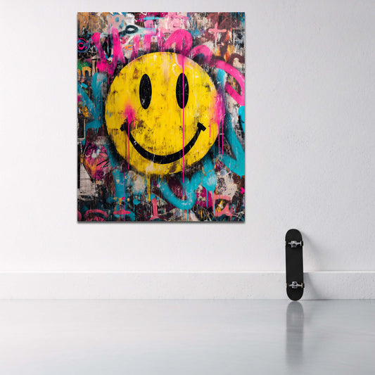 Gelber Emoji auf buntem Graffiti Hintergrund Wandbild