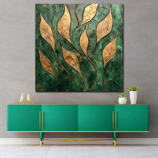 Goldene Blätter Struktur Grün Metallisch abstrakt Wandbild