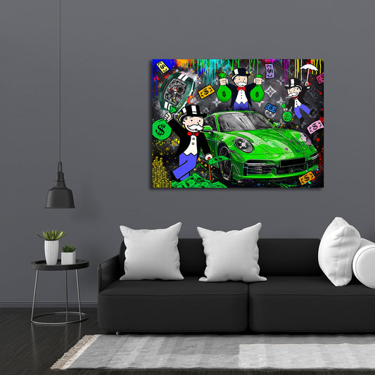 Grünes Luxusauto Geld und Erfolg Pop Art Wandbild