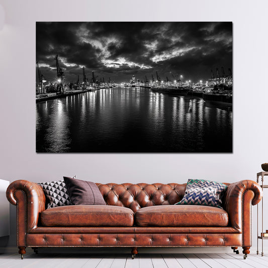 Hafenpanorama Hamburg schwarz weiß Kräne Elbe Lichtreflexe Wandbild