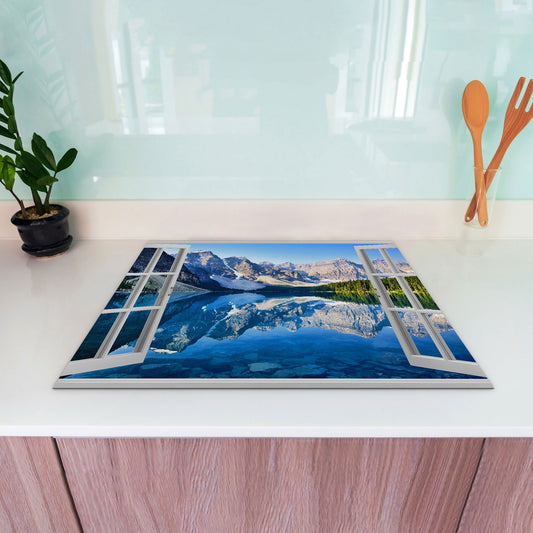 Fensterblick auf Bergsee Vinyl Herdabdeckplatte Induktionsschutz für Ceranfeld & Küche Deko