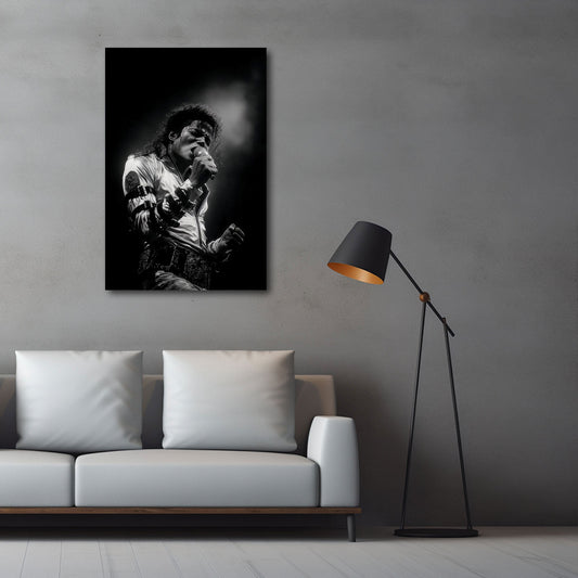 King of Pop live mit Lichtkegel in Schwarz-Weiß Wandbild