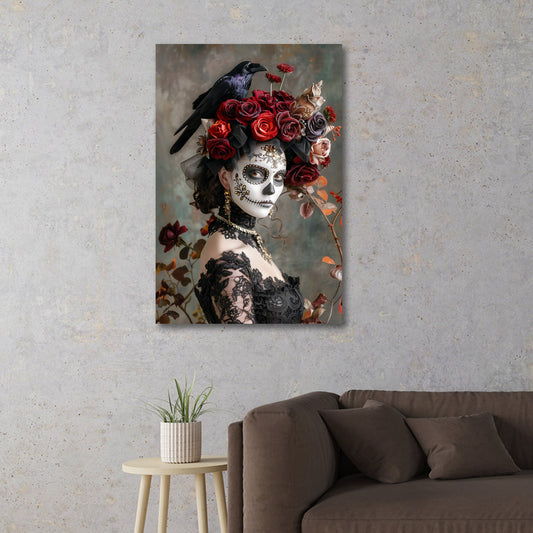 Mystische La Catrina Porträt mit Rabe und roter Rosenkrone Wandbild