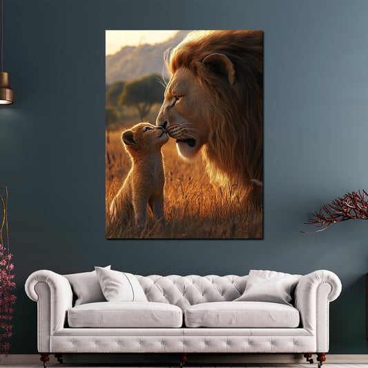 Löwe mit Jungtier Savanne Abendlicht Wandbild