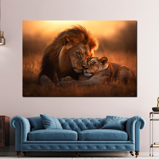 Löwenpaar Savanne Abendlicht Wandbild