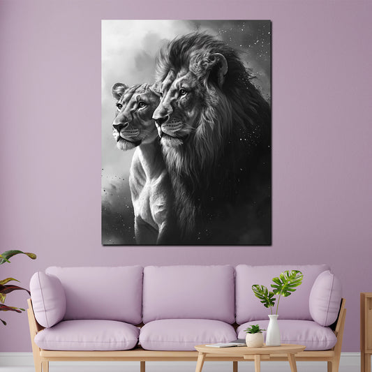 Löwenpaar schwarz weiß Porträt Wandbild
