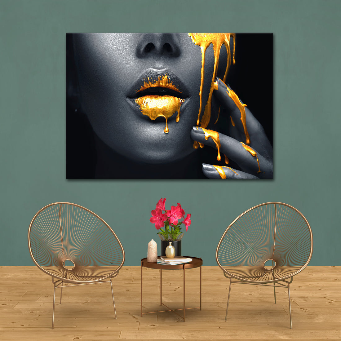 Wandbild Women Abstract Gold Lips