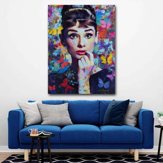 Pop Art Audrey Porträt bunte Schmetterlinge Wandbild