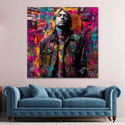 Pop Art Cobain Porträt im Graffiti Farbenmeer Wandbild