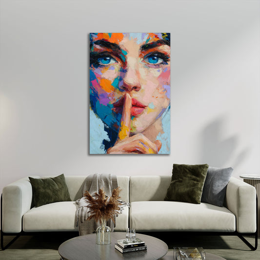 Pop Art Frauen Porträt buntes Gesicht blaue Augen Wandbild