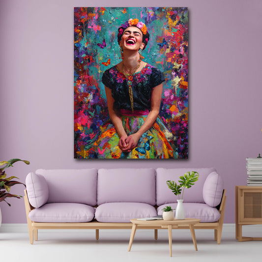 Pop Art Frida Porträt Farbenfreude Lachen Wandbild