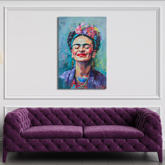 Frida Porträt lächelnd mit Blumenkranz Wandbild