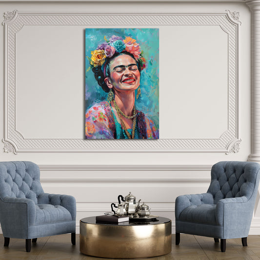 Frida Porträt mit Blumenkranz in Türkis Wandbild