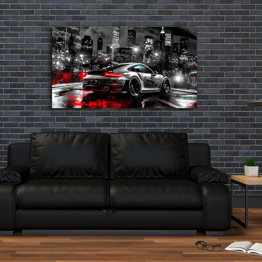 Pop Art Porsche Sportwagen Nacht Stadtlicht Wandbild