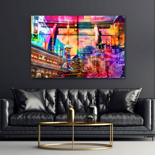 Pop Art Tokyo Skyline Neonlichter Tempel Wandbild