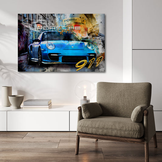 Porsche 911 blau Pop Art Sportwagen Wandbild