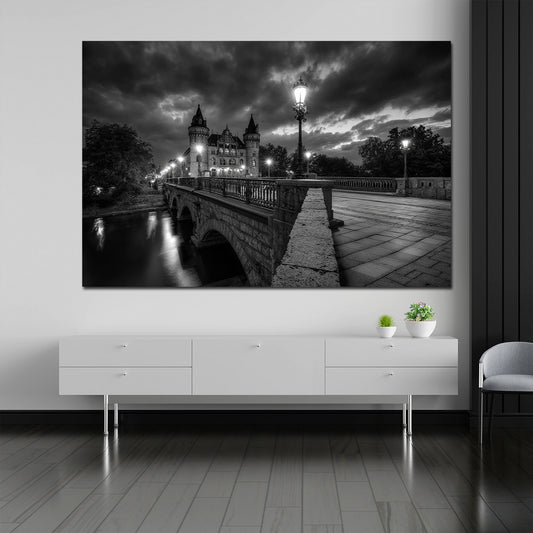 Schlossbrücke Schwerin schwarz weiß Abendlicht Wandbild