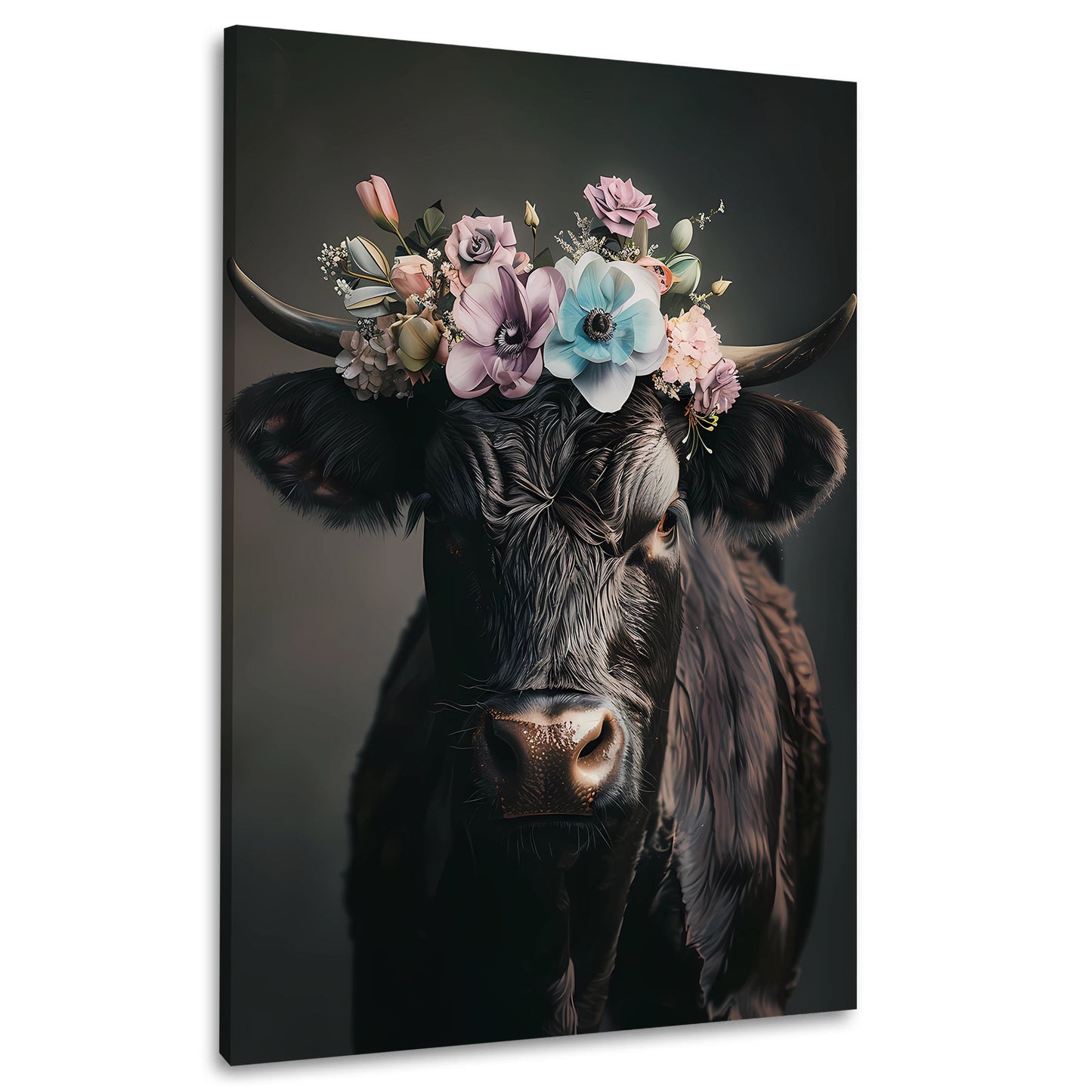 Schwarze Kuh mit Blumenkranz Wandbild