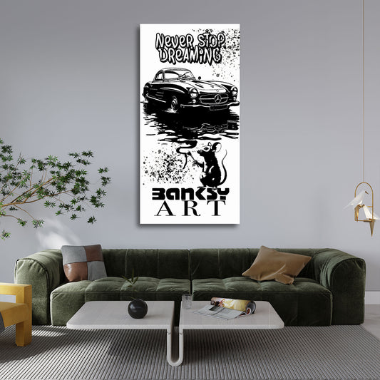 Street Art Auto mit Ratte schwarz weiß BANKSY-ART Wandbild