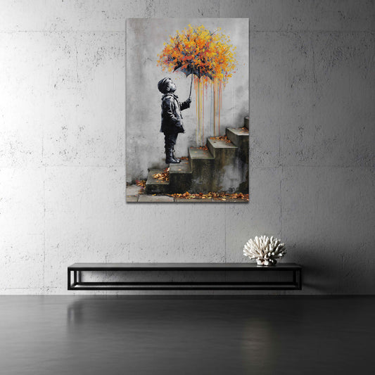Street Art Junge Regenschirm Herbstfarben Wandbild