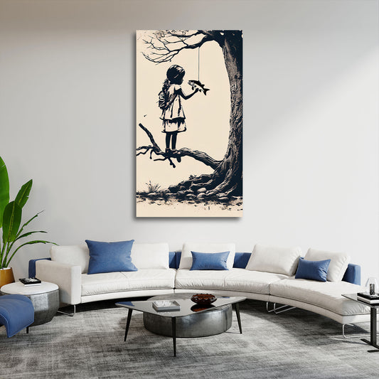 Street Art Kind mit Fisch am Baum BANKSY-ART Wandbild