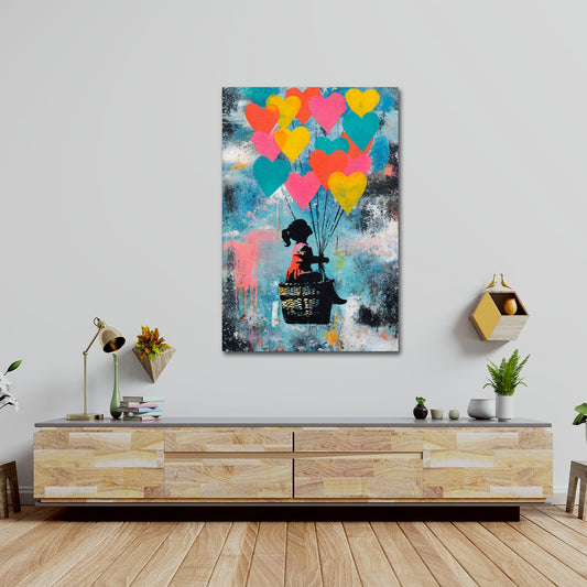 Street Art Mädchen mit Herzballons Wandbild