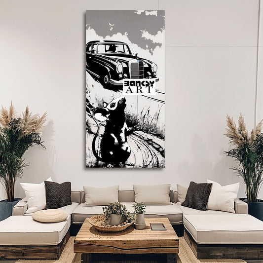 Street Art Ratte vor Oldtimer schwarz weiß BANKSY-ART Wandbild