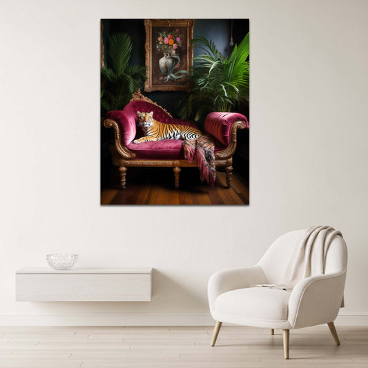 Tiger auf Samt Sofa Exotisch Luxus Interieur Wandbild