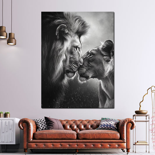 Verliebte Löwen schwarz weiß Wandbild