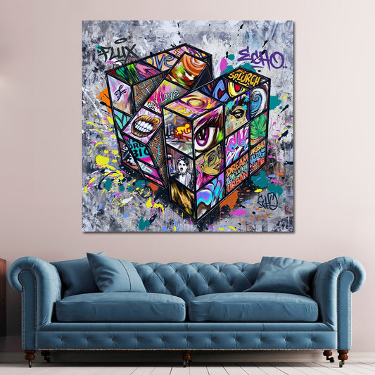 Zauberwürfel als Graffiti Collage auf grauem Grund Wandbild