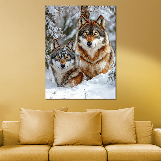 Zwei Wölfe im verschneiten Wald Wandbild